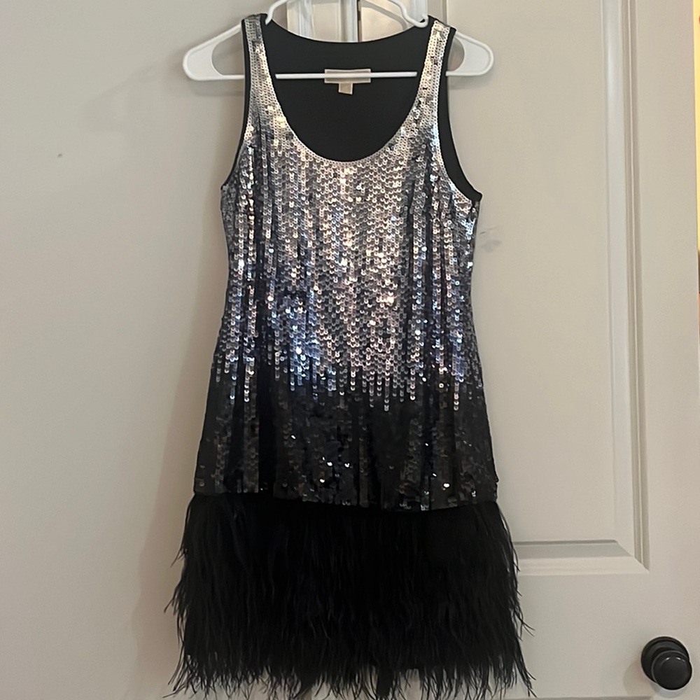1920s reminiscent flapper dress- Sequined top & feathered trim.